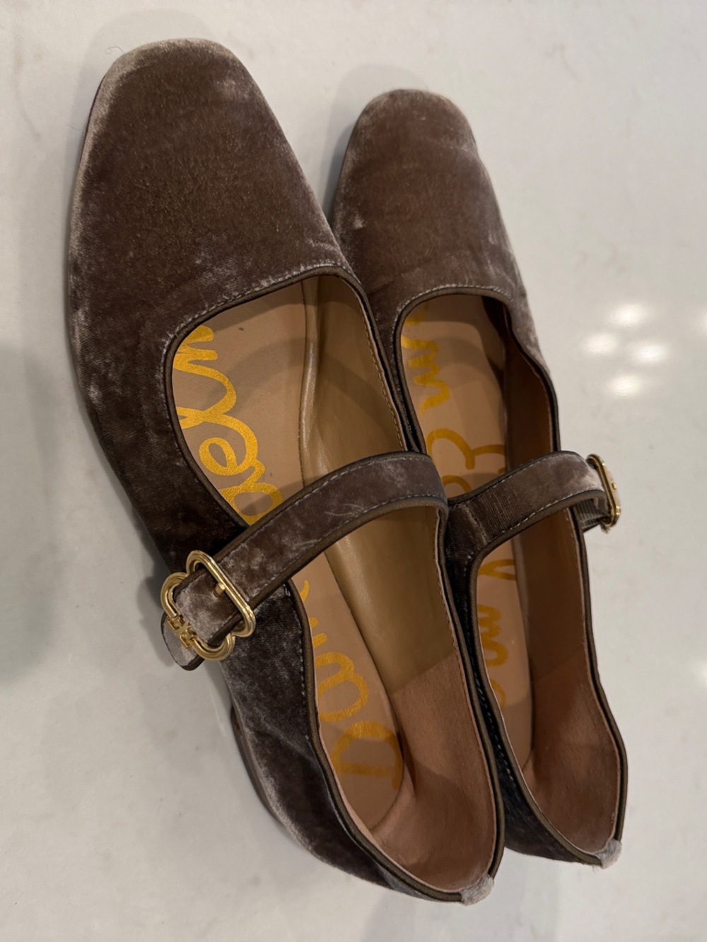 Sam Edelman Velvet Mary Jane Flats in Taupe with Gold Buckle